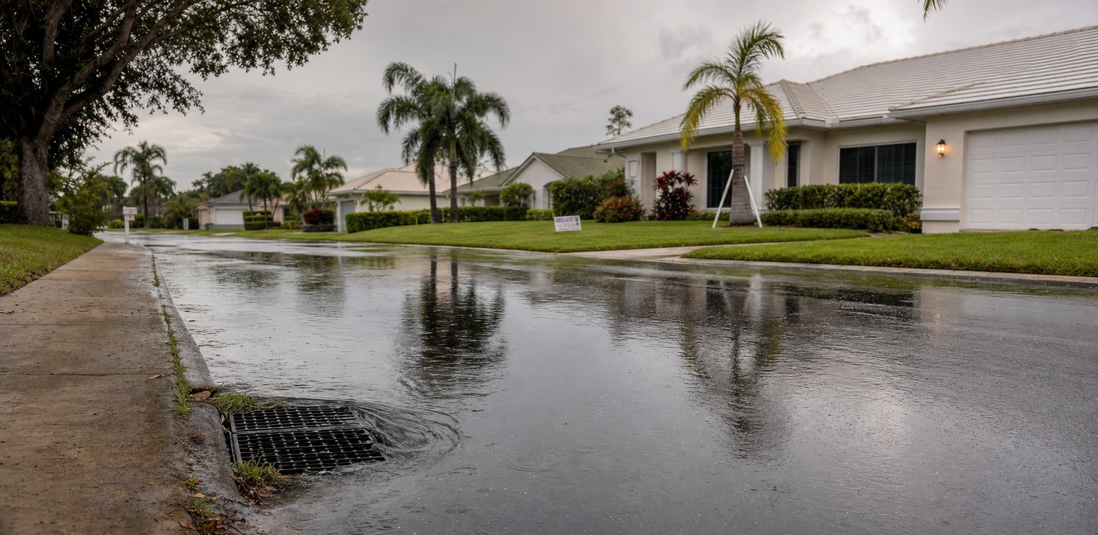 Florida residential street with flooded storm drain after heavy rain