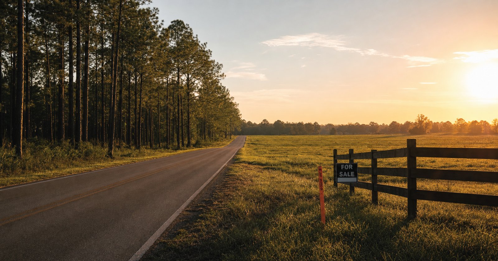 Rural Okaloosa County road at golden hour bordered by pines and open farmland